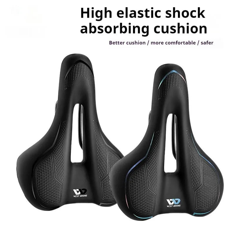 Bicycle saddle cushion with high elastic sponge padding in black or colourful casual and sporty designs.