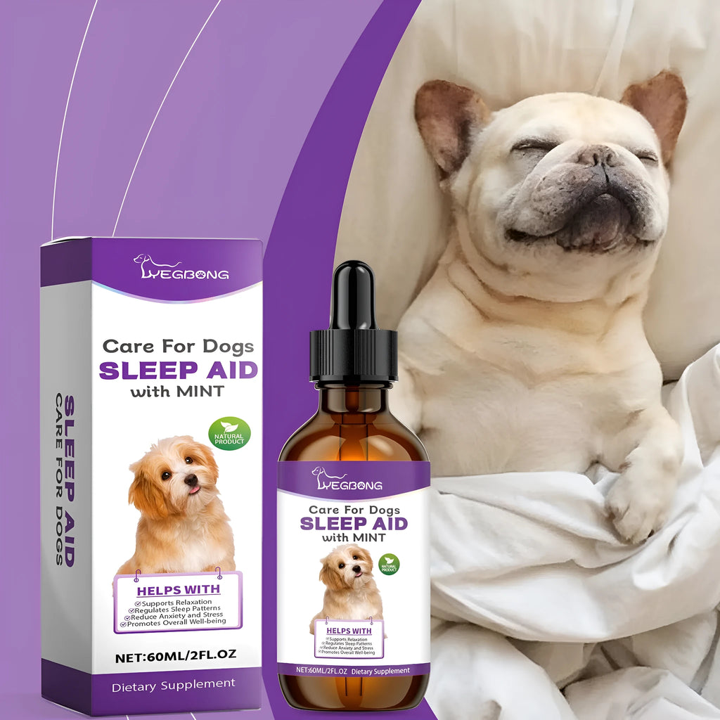 60ml bottle of Dog Sleep Drops liquid supplement for dogs, measuring 12cm tall.