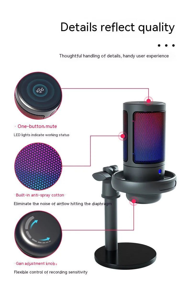 RGB condenser microphone with USB cable in black, white, or pink colour for streaming