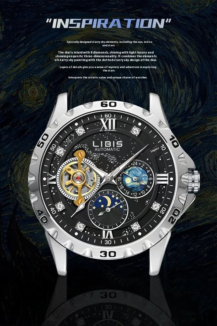 Men's silver automatic mechanical watch with black dial, luminous hands, on a black steel strap.