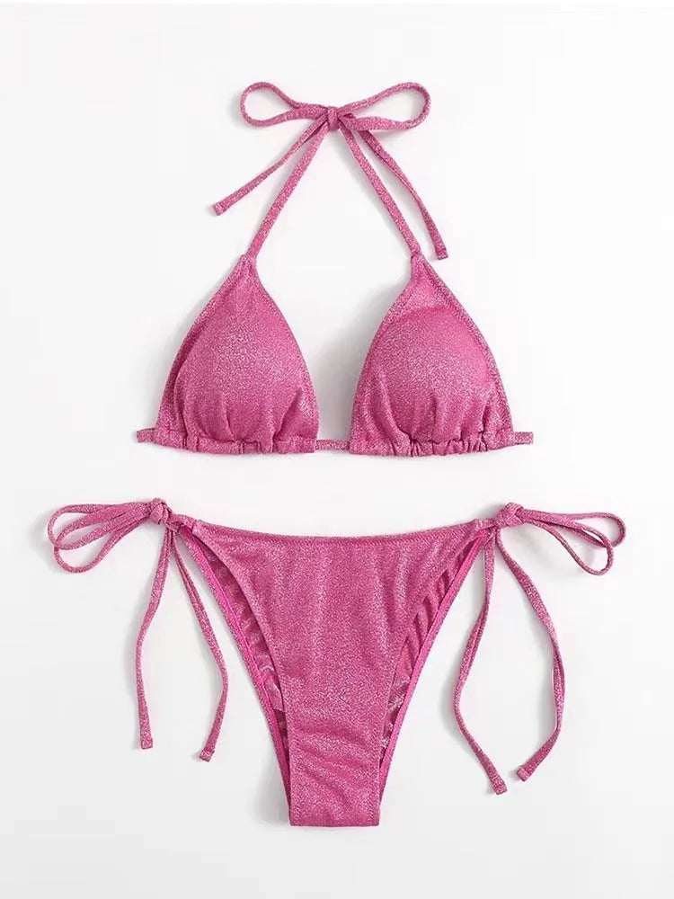 Women's split bandage design bikini swimsuit in polyester fabric with matching top and pants