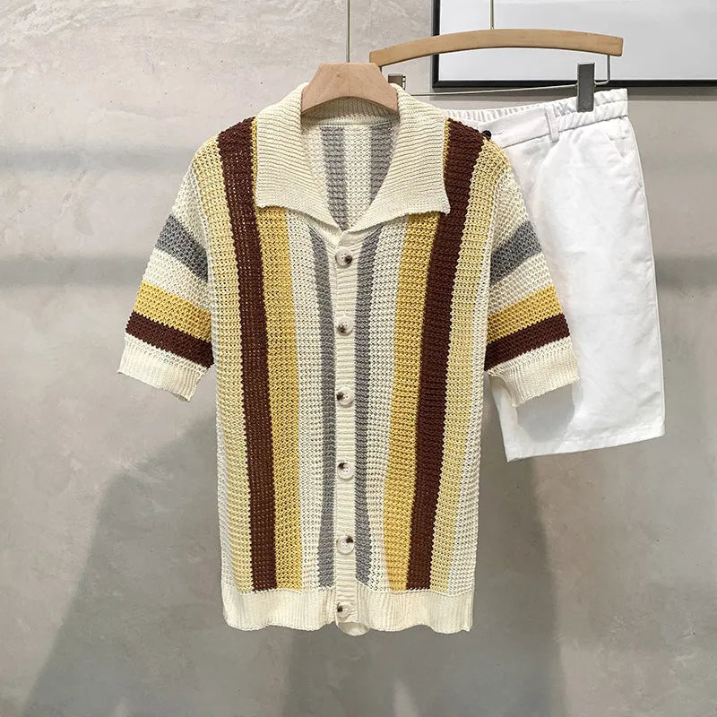 Man wearing a loose blue dopamine stripe casual short sleeve pullover shirt