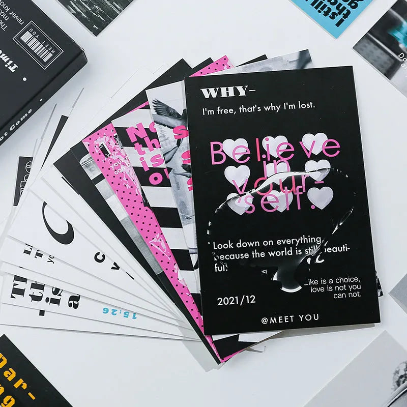 Two designs of fresh-style printed postcards showing artwork fronts and blank backs for messages.