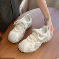 Women's casual mesh board shoes sneakers in beige with low-top silhouette, round toe, and front lacing