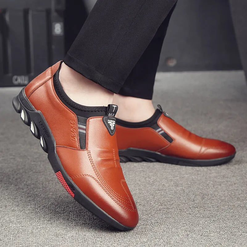 Men's black and brown PU leather business shoes with flat heel and plain toe design