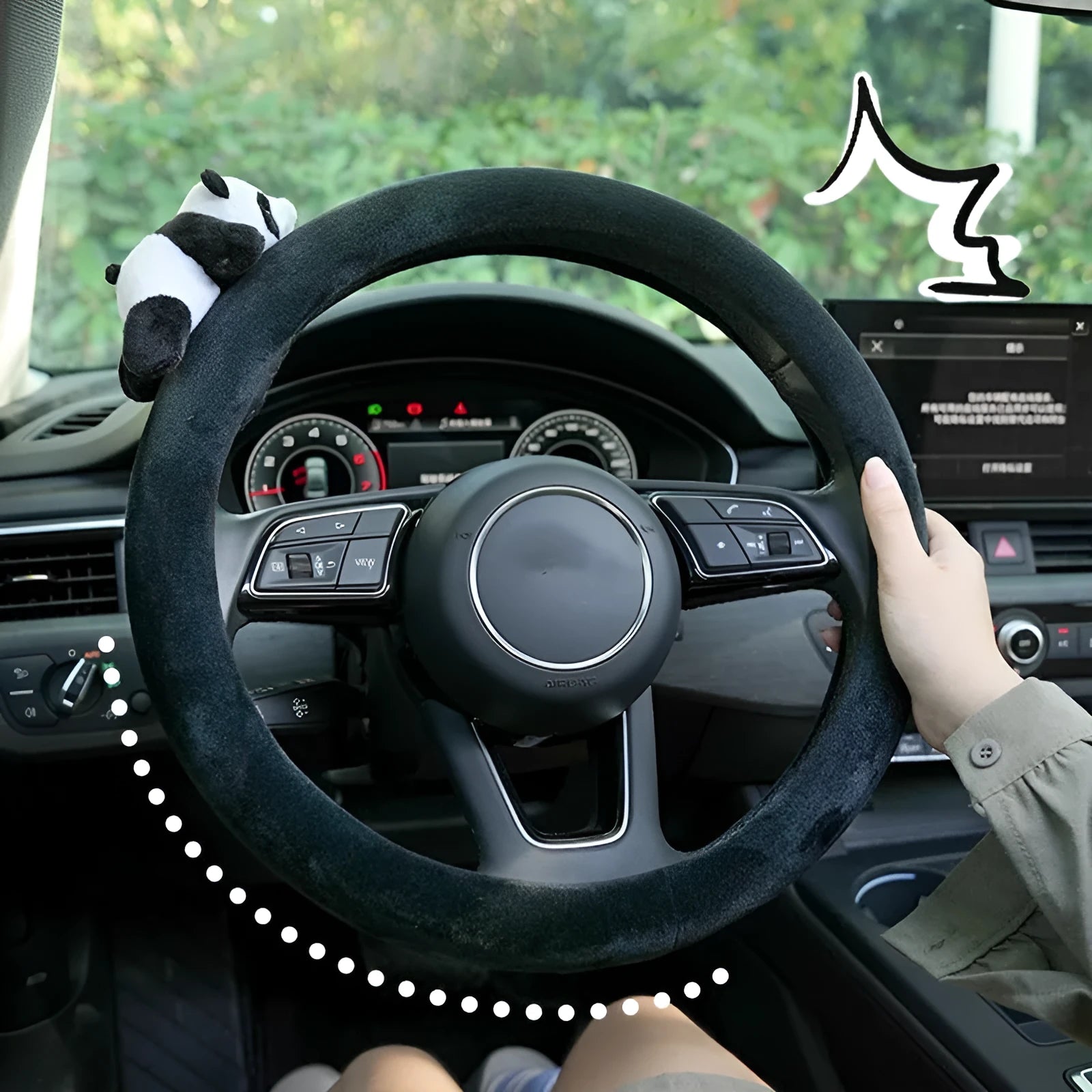 Plush black panda steering wheel cover with matching shoulder pad for 38cm diameter wheels
