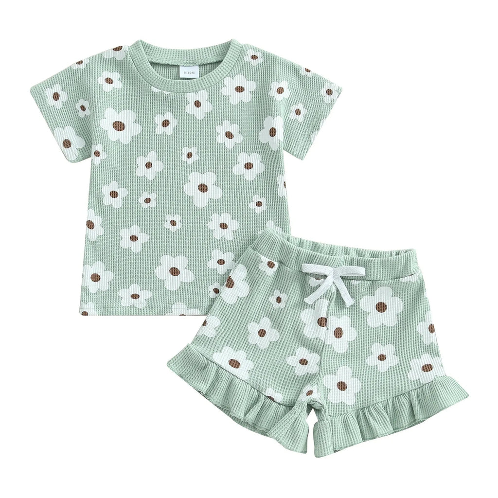Baby girls printed round neck short sleeve shorts suit in four colours - brown, green, pink, purple - polyester blouse and pants set