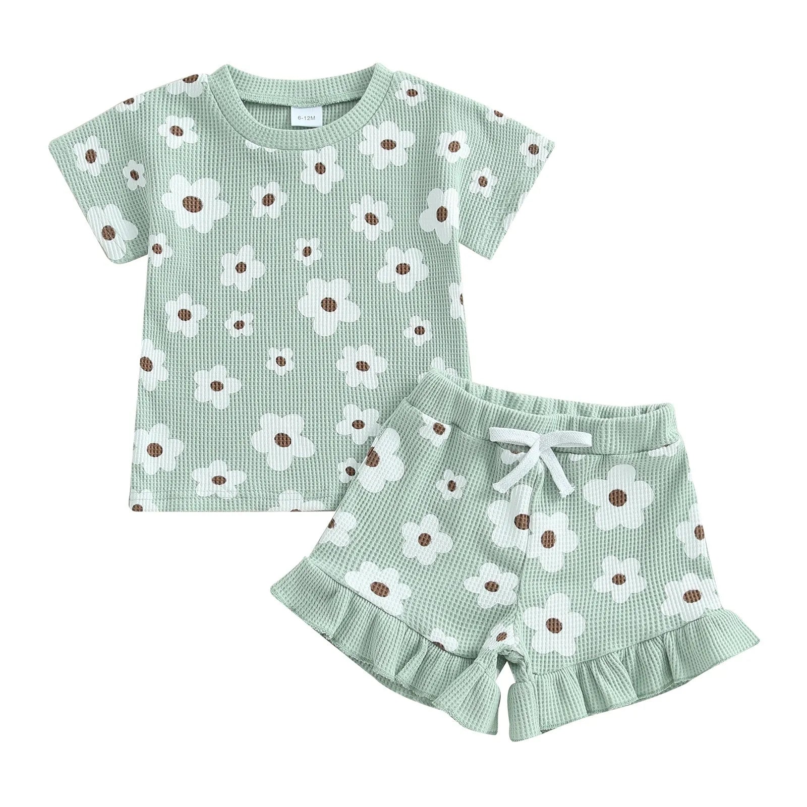 Baby girls printed round neck short sleeve shorts suit in four colours - brown, green, pink, purple - polyester blouse and pants set