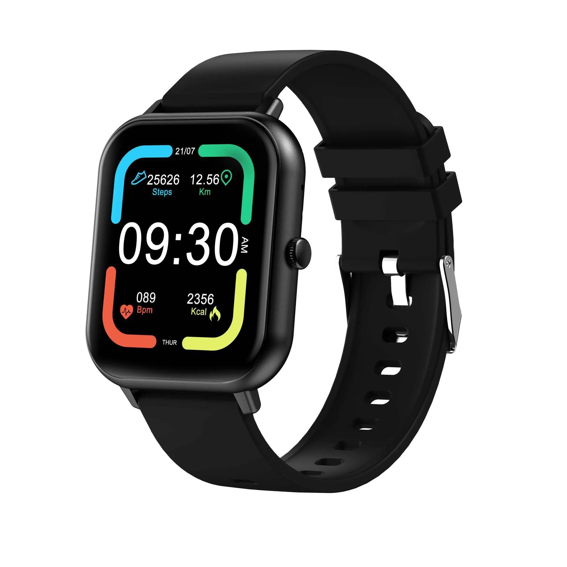 Black smart watch with heart rate monitor on wrist, showing TFT touchscreen displaying step count.