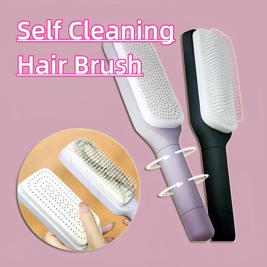 Roland purple self-cleaning hair brush with anti-static teeth and rotating telescopic handle on a white background.