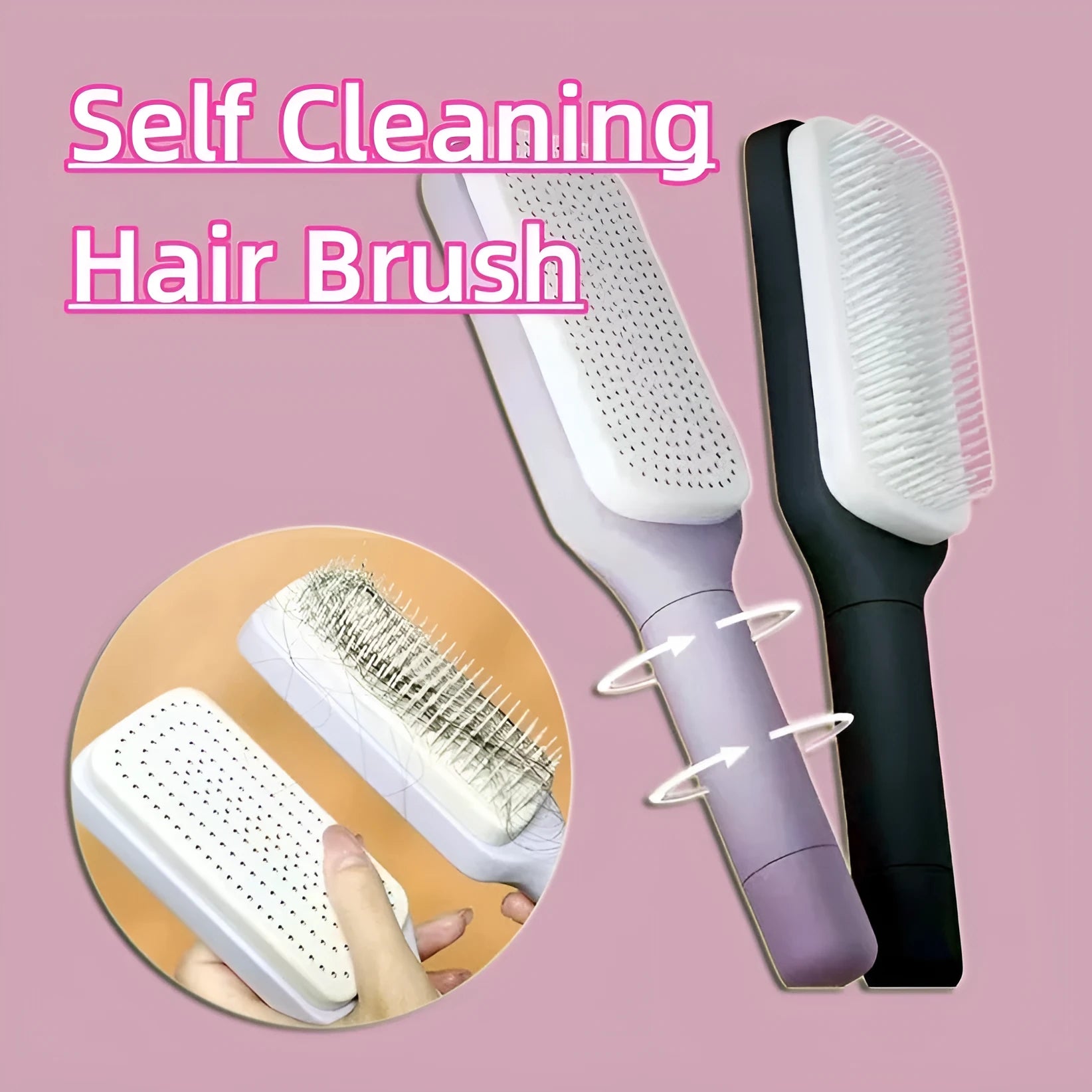 Roland purple self-cleaning hair brush with anti-static teeth and rotating telescopic handle on a white background.