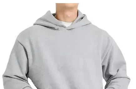 Men's solid colour fleece-lined cotton hoodie sweatshirt with a wool lining, shown in grey.