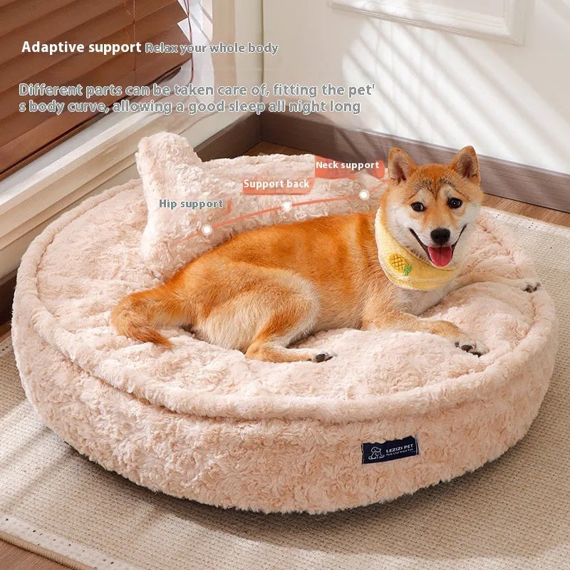 Removable washable pet bed in milk tea colour round nest design showing soft cloth construction