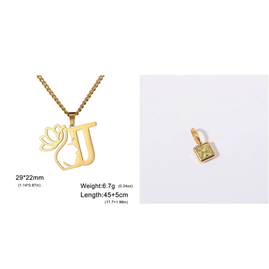 Gold electroplated stainless steel necklace with a cross chain and a letter 'A' pendant on a white background.