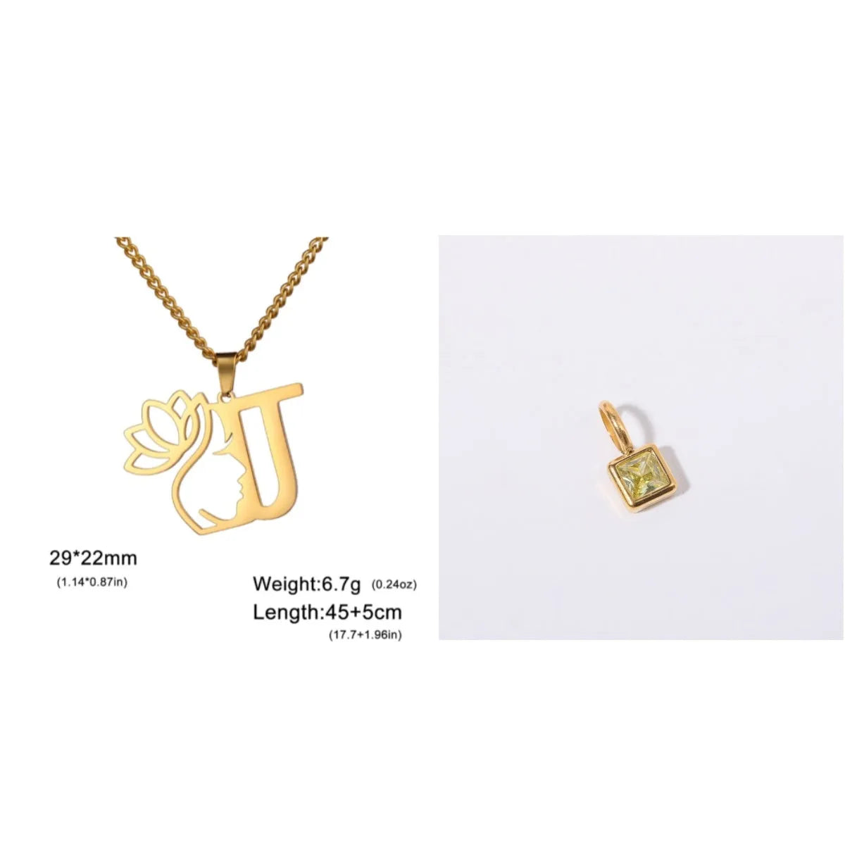 Gold electroplated stainless steel necklace with a cross chain and a letter 'A' pendant on a white background.