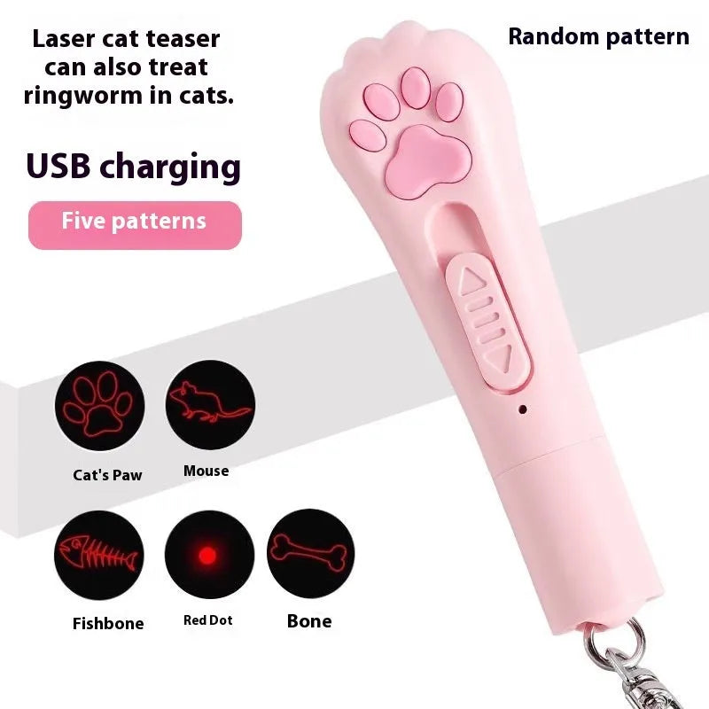 Pink USB-rechargeable cat toy base with a long white feather rotating on a wand, placed on a wooden floor.