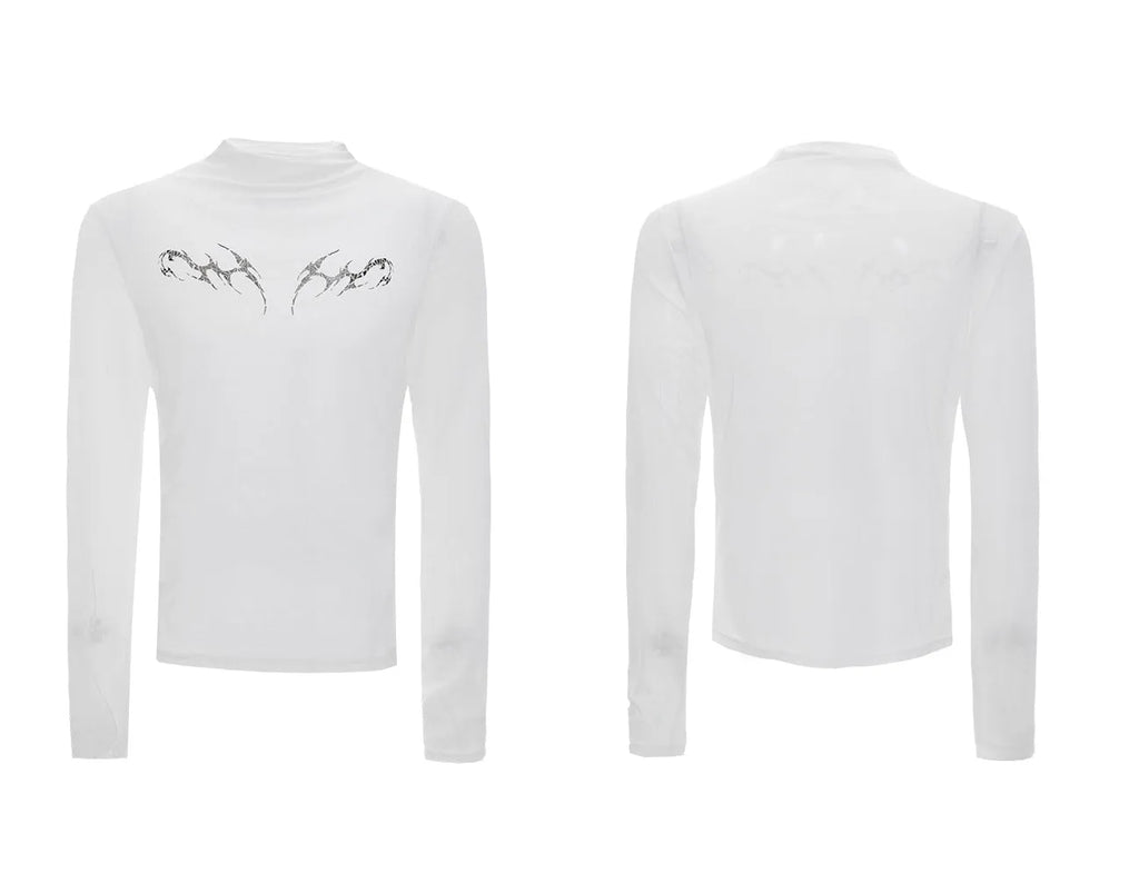 Niche Mesh Ice-feeling Slim Bottoming Shirt long sleeve top in black or white, slim fit.