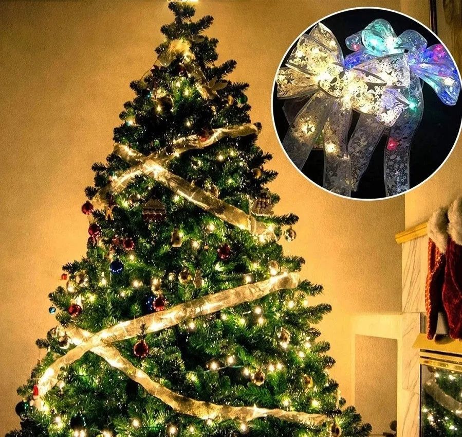 LED fairy lights string with cloth ribbon bow tie decoration in gold or silver colour options