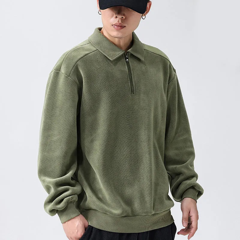Men's fleece half-zip hoodie in Haze Green, long sleeve winter top with hood and full zip front