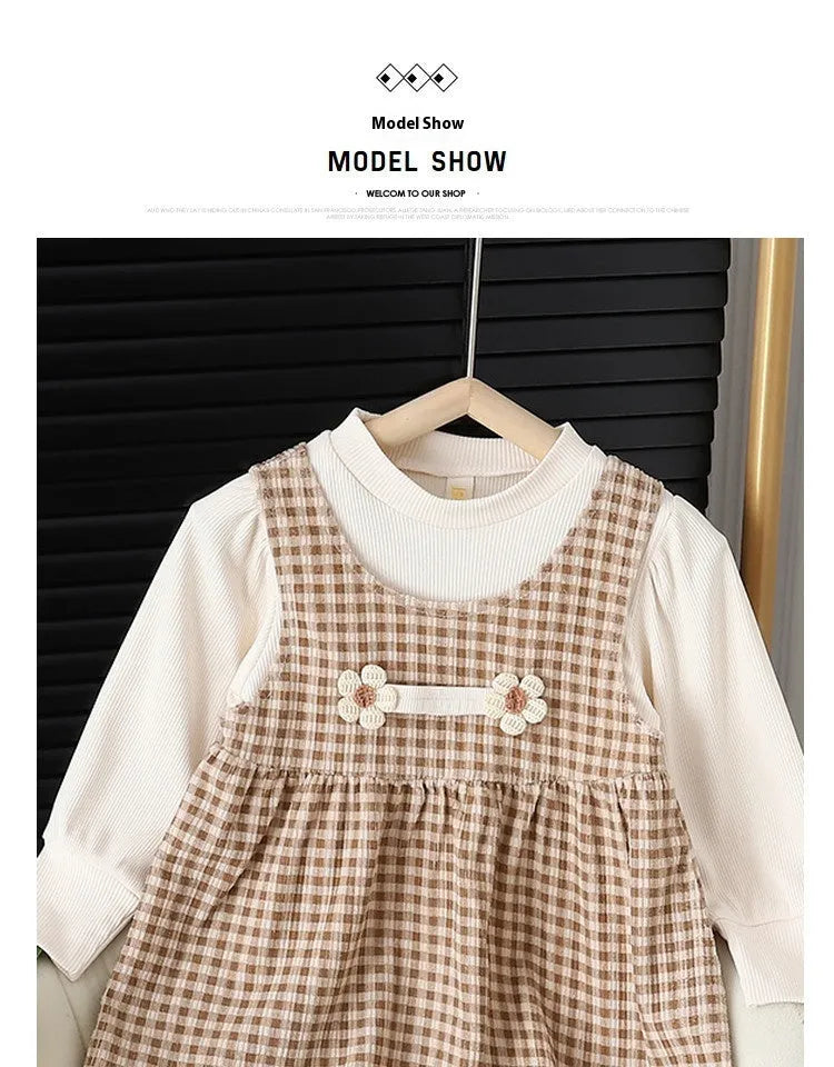 Baby girl cotton blend dress suit with plaid pattern and long sleeves in dark coffee colour