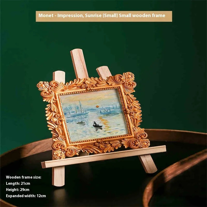 DIY hand drawn oil painting kit showing epoxy pottery base, propylene paints, brushes, and a completed framed Van Gogh 'Starry Night' example.