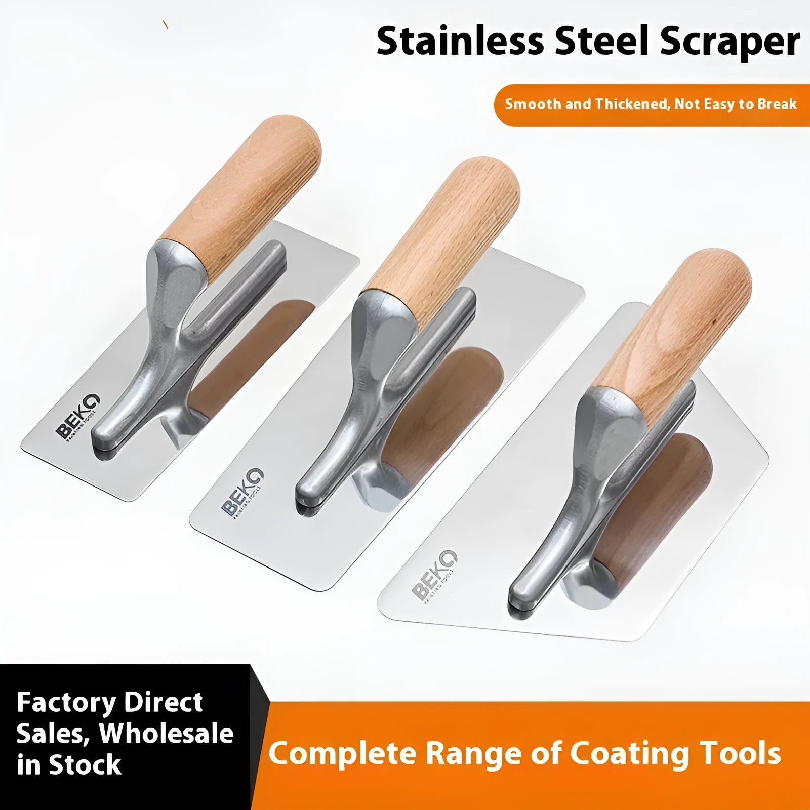 Stainless steel putty scraper with wooden handle showing three blade size options for decorative floor and wall work