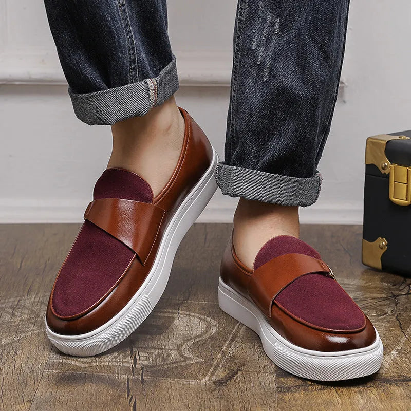 Men's Leather Shoes Business Slip-on Casual Shoes with Rubber Sole and Sewing Line Detail Black or Red Low Top Round Head Design Available in Sizes 38-48