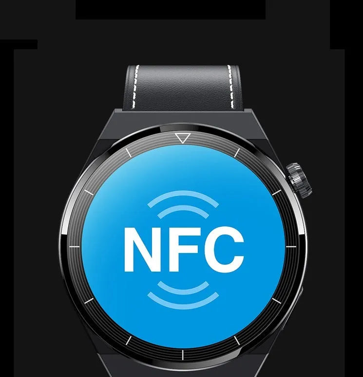 Android smart watch with round 1.36 inch display, Bluetooth calling and NFC access control on silicone strap