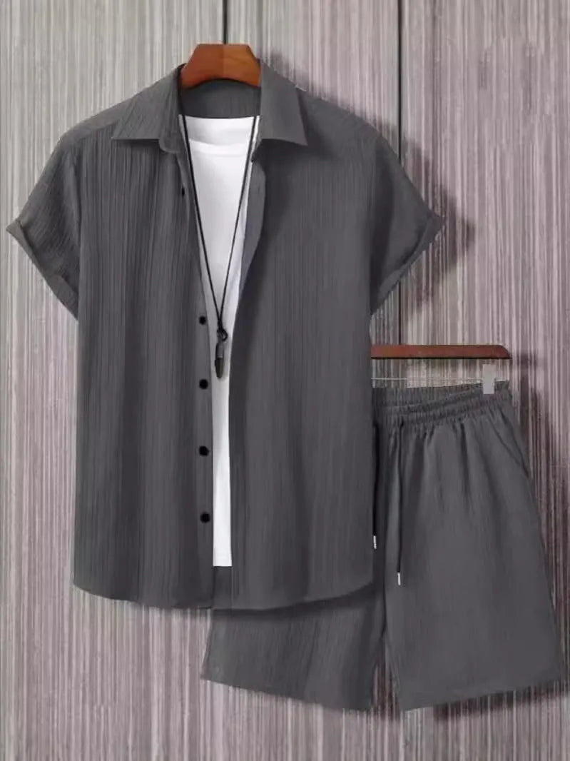 Men's jacquard short sleeve suit with matching shorts in solid colour options