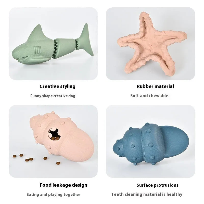 Blue rubber shark-shaped dog toy for chew play and mess-free feeding