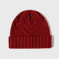 Wool knitted dome hat for women in ankela red with totem detailing.