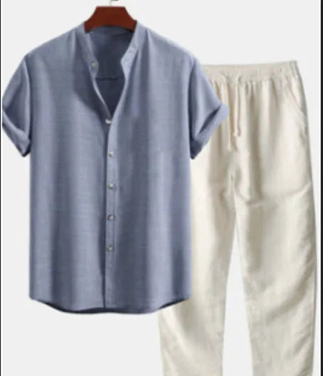 Men's slim fit casual suit set with floral print on cardigan top and trousers, shown in a blue colour option.