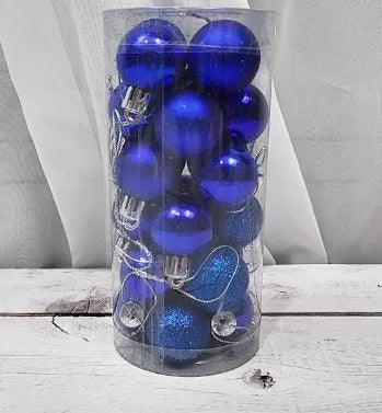 24 gold, red, and silver 3cm plastic Christmas balls with a shiny electroplated finish in a gift box.