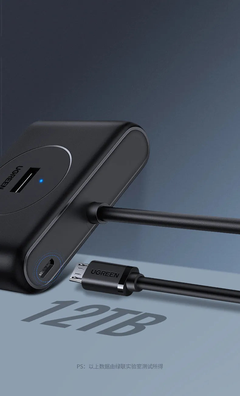 Black USB 3.0 extender adapter hub with plug, shown with length options for computer connectivity.