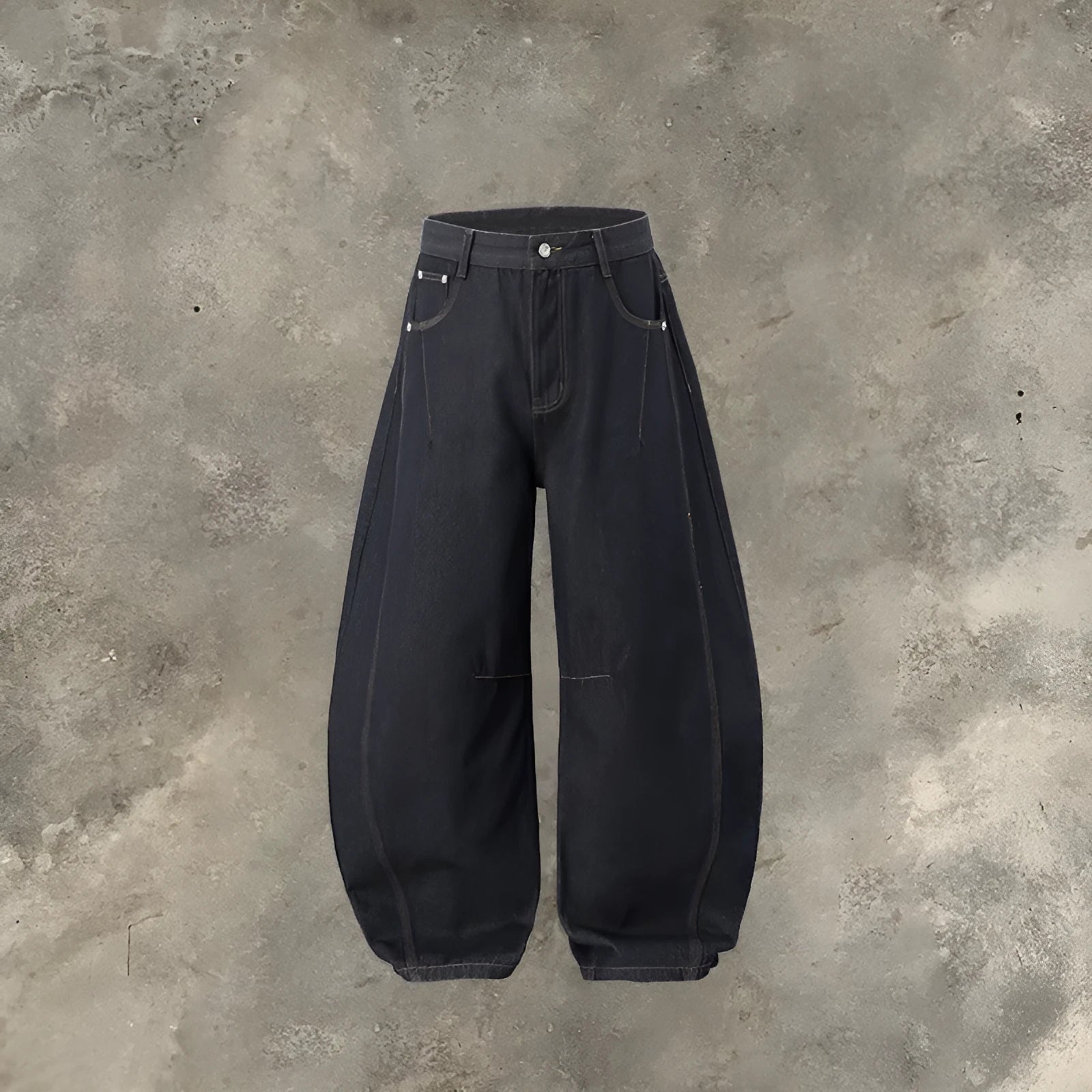 Men's wide leg denim trousers in original cow colour showing mid waist design and relaxed fit