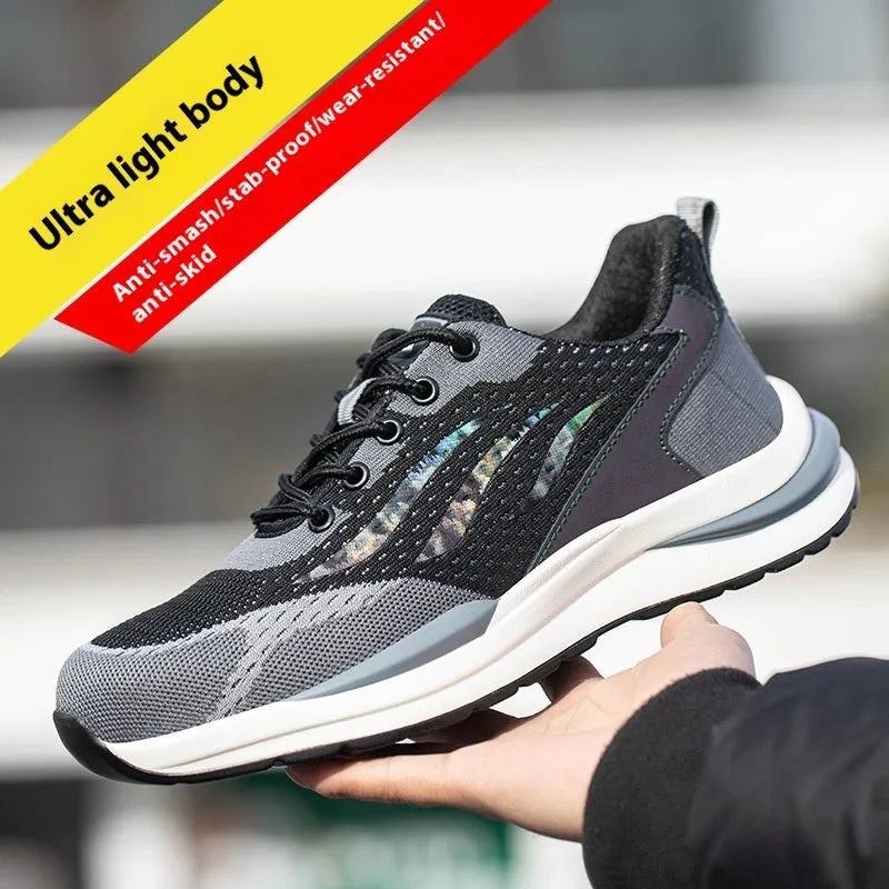 Men's black and grey low-top insulated safety shoes with plastic toe cap and lace-up closure.