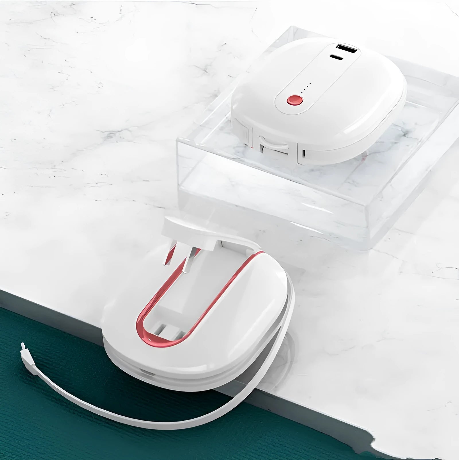 White two-in-one power bank with AC plug showing 10000mAh capacity and compact dimensions