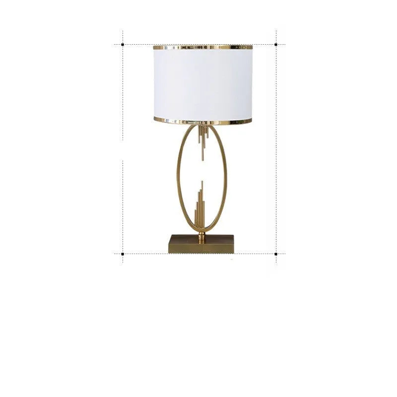 White single gilt-edged Nordic bedside lamp on wooden table, trumpet shade, diameter 30cm height 58cm