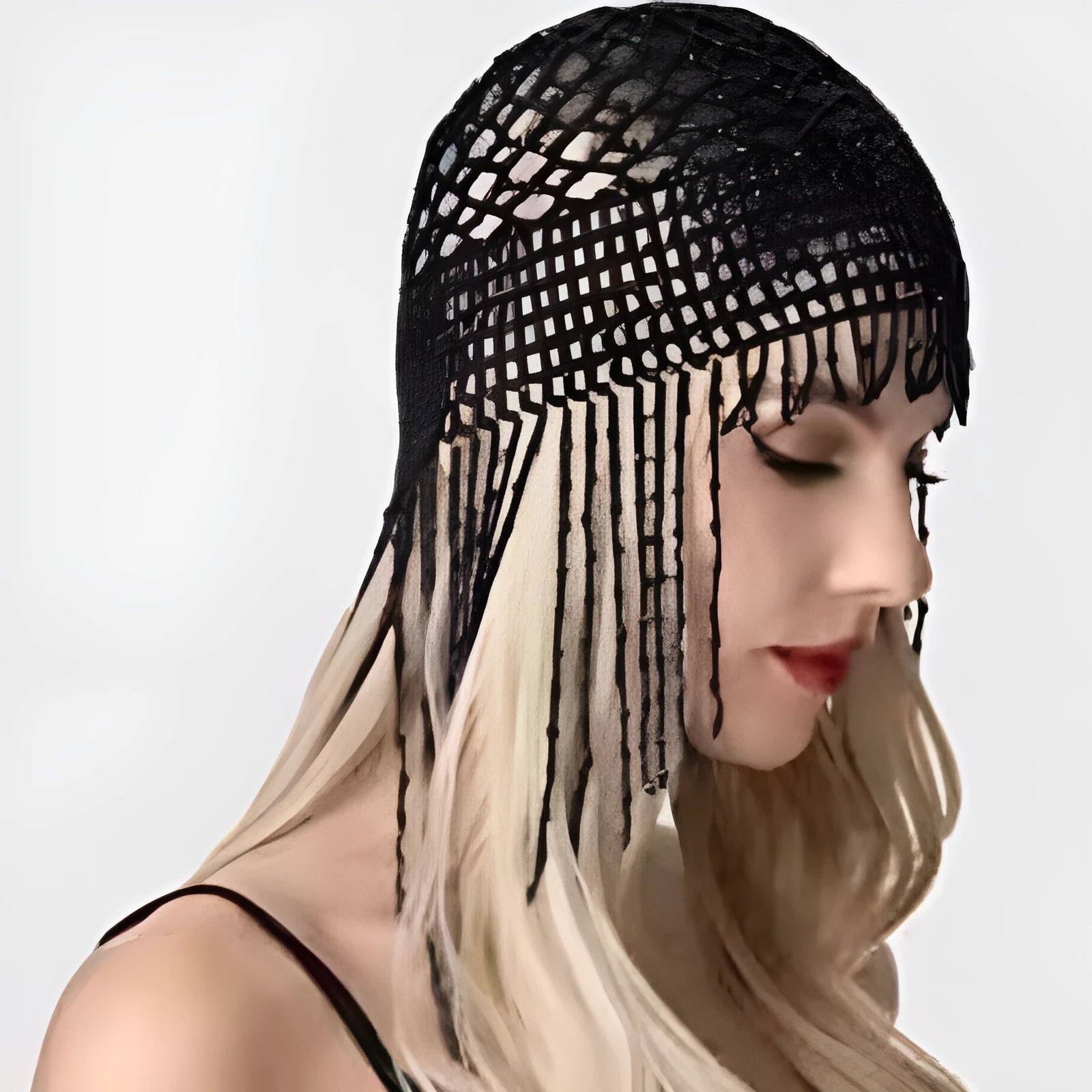 Handmade beaded belly dance headwear with alloy frame, decorative mesh surface, and 16.5cm tassel