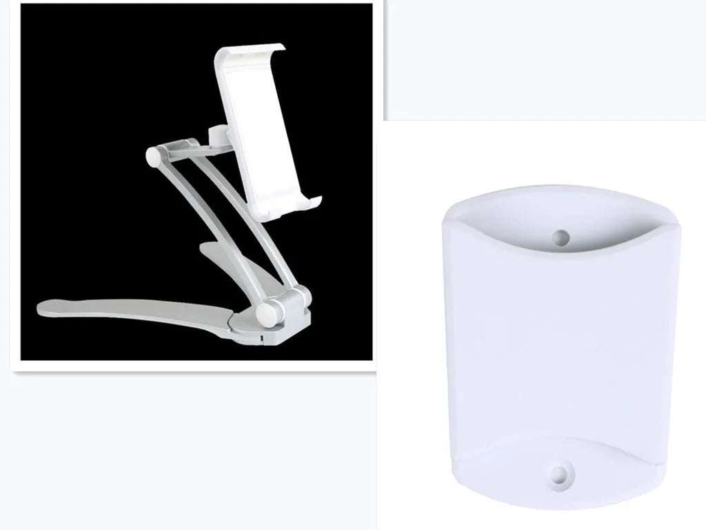Silver aluminium desktop stand holding a tablet, showing 360-degree rotation and adjustable clamp mechanism.
