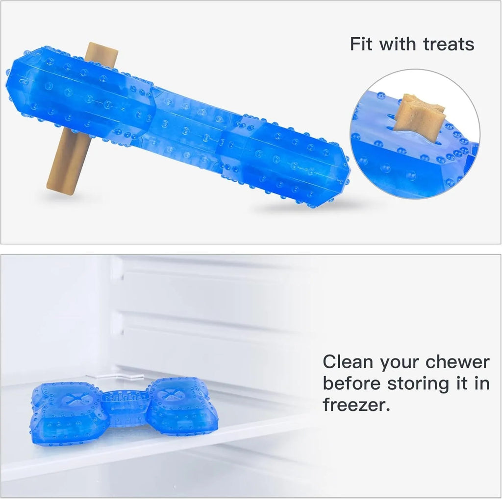 Freezable bone and circle shaped dog chew toys for cooling and teething relief.