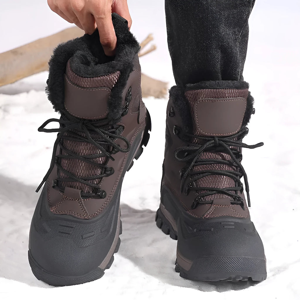 Men's black high-top lace-up boots with fleece lining and flat TPR sole