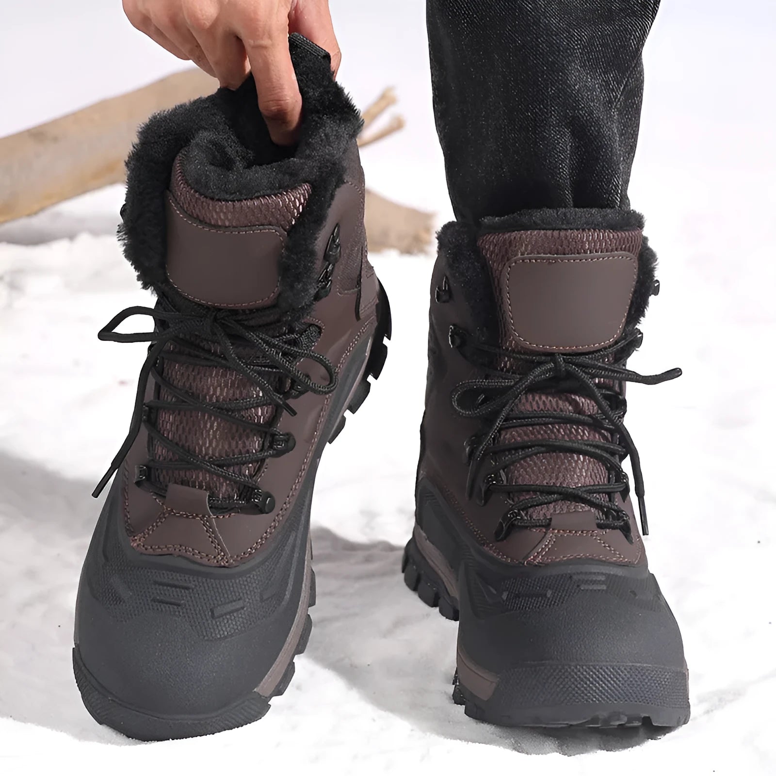 Men's black high-top lace-up boots with fleece lining and flat TPR sole