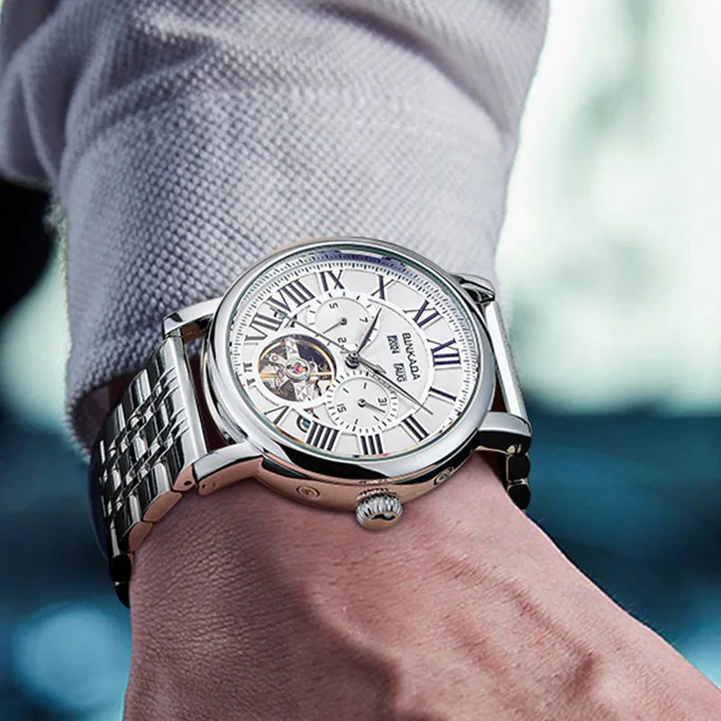 Men's stainless steel automatic waterproof watch with business style design