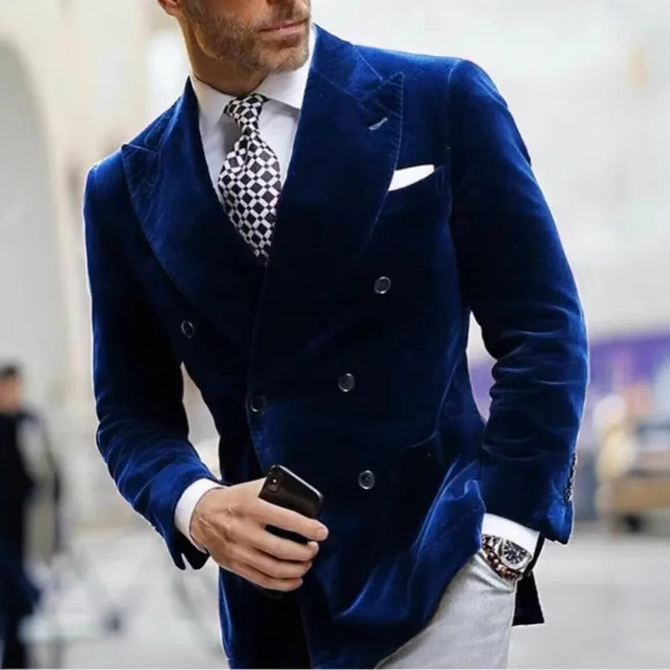Men's slim-fit single coat suit jacket in cotton blend, available in black, wine red, and royal blue, sizes XXS to 7XL