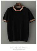 A man's short sleeve pure wool sweater with a round neck, shown in a neutral colour.