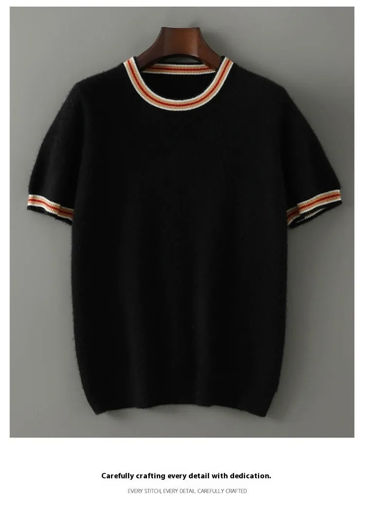 A man's short sleeve pure wool sweater with a round neck, shown in a neutral colour.