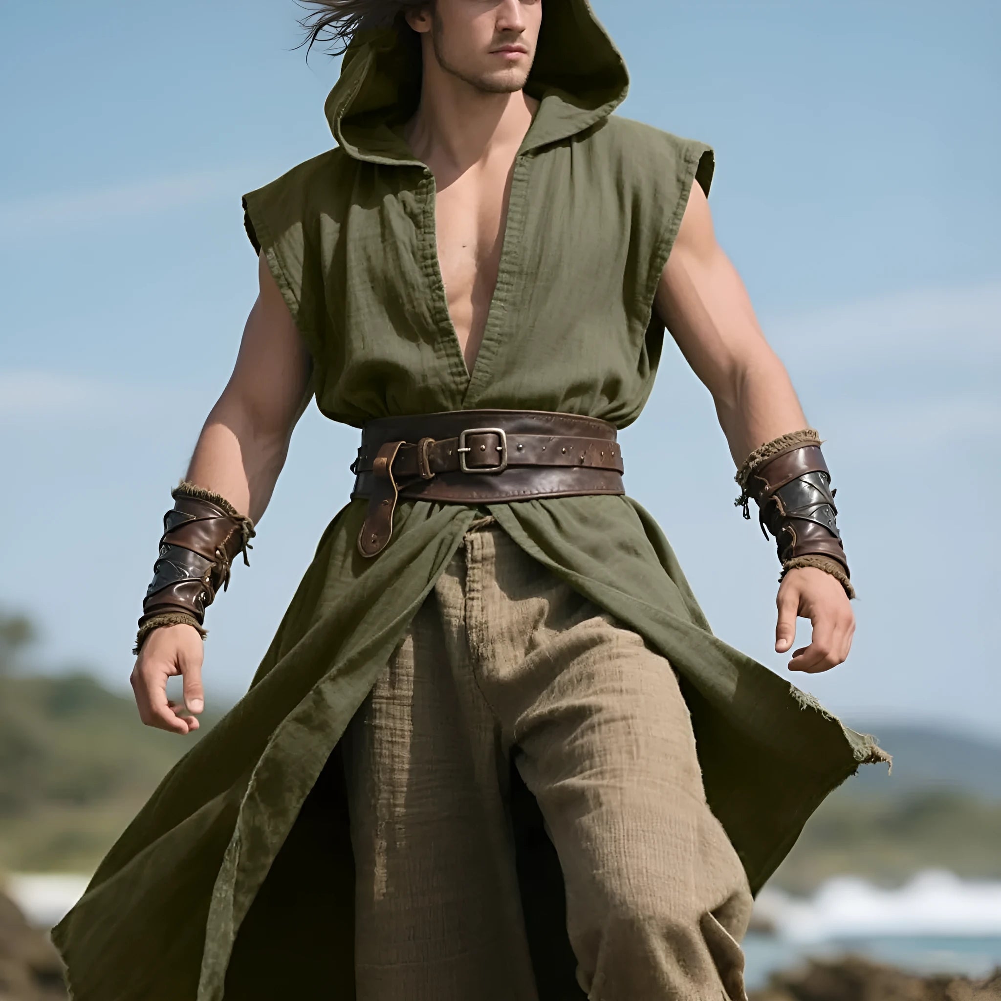 Renaissance short cloak for men in cotton, available in army green, brick red, gray, yellow, sizes S to 3XL