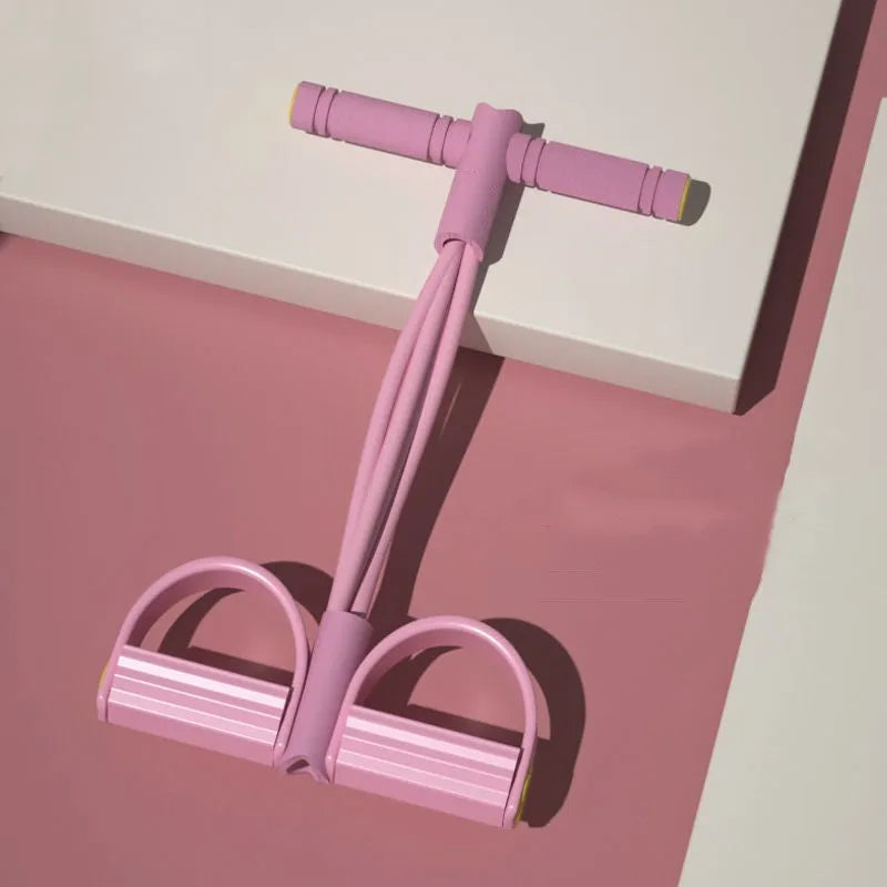 Yoga four-piece set with leg stretching device, yoga ring, pedal puller, and figure-eight tension rope on a grey background.