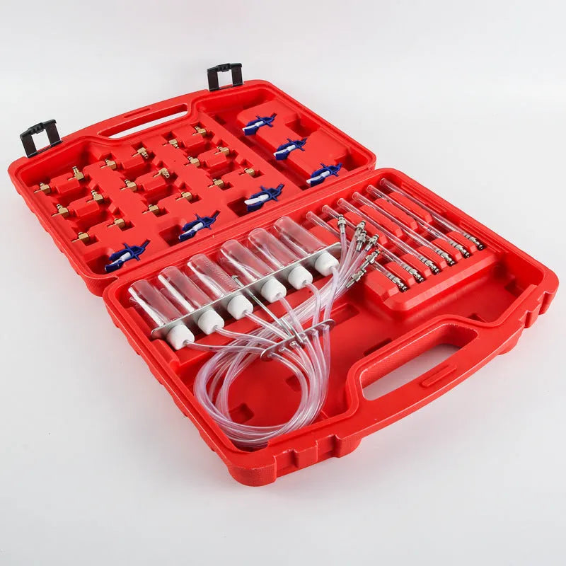 Brass and plastic fuel injection flow meter detection tool with oil return measuring instrument